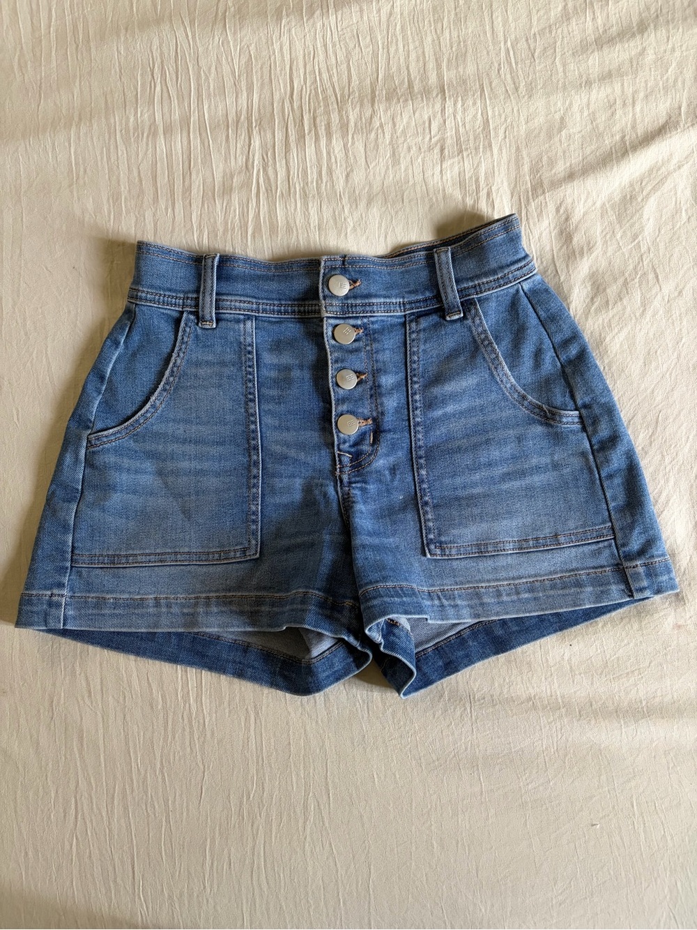 Evereve Light Blue High-Rise Button Front Denim Shorts